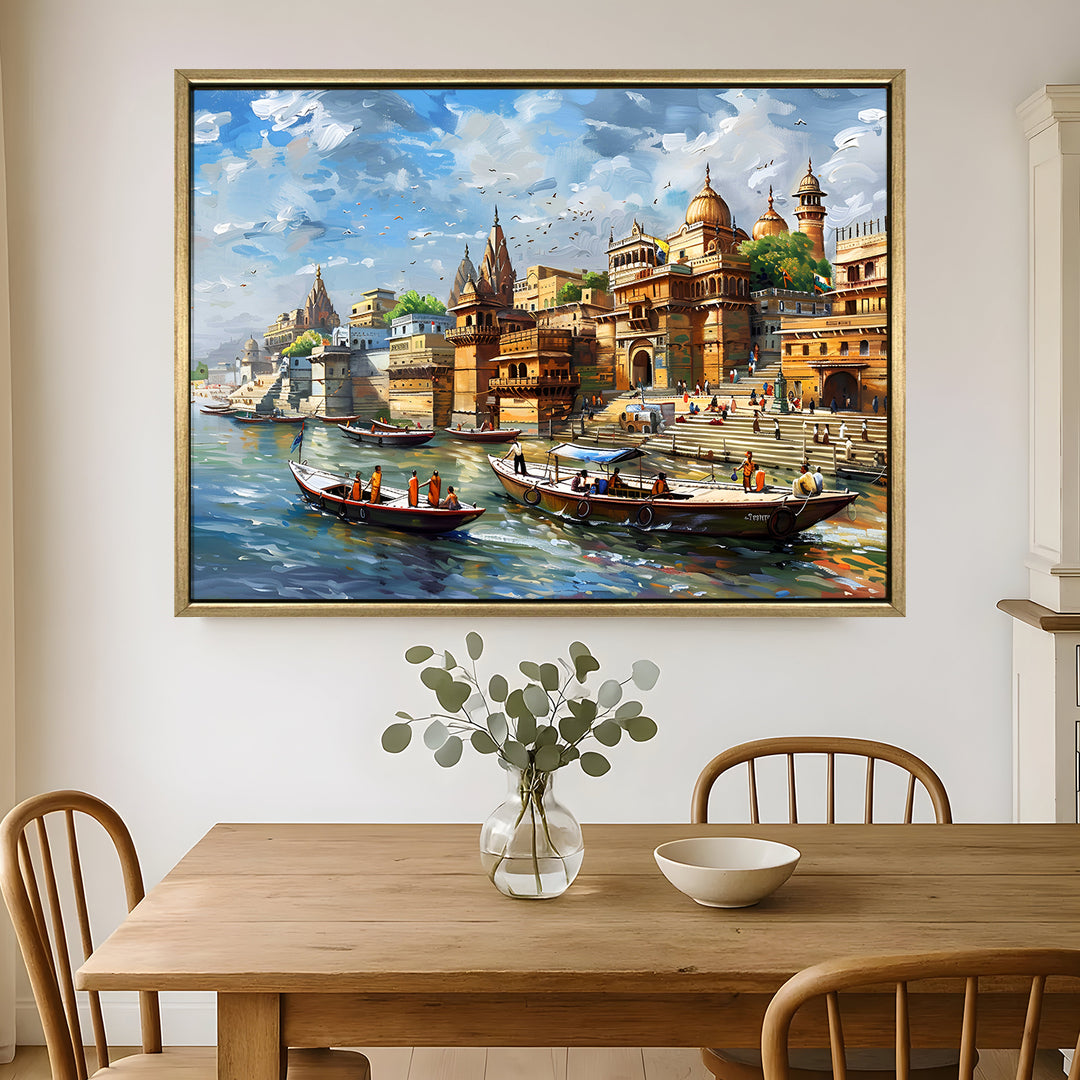 Banaras Ghats Painting Wall Art – Varanasi Riverfront with Golden Floater Frame – HD Print Large Canvas, Ready to Hang, Size: 3X4FT, (BAWA17)