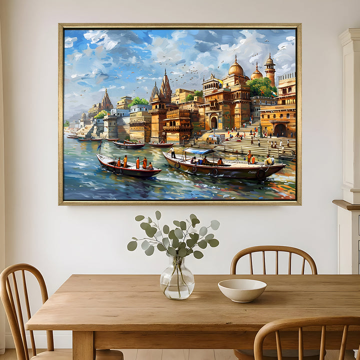 Banaras Ghats Painting Wall Art – Varanasi Riverfront with Golden Floater Frame – HD Print Large Canvas, Ready to Hang, Size: 3X4FT, (BAWA17)