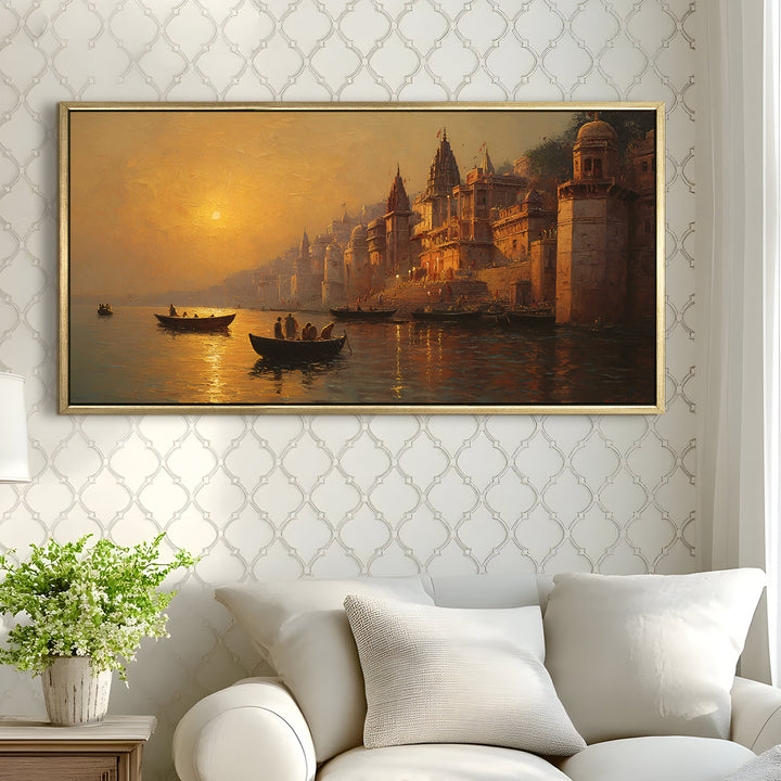 Banaras Ghats Painting Wall Art – Varanasi Riverfront with Golden Floater Frame – HD Print Large Canvas, Ready to Hang, Size: 2X4FT, (BAWA32)