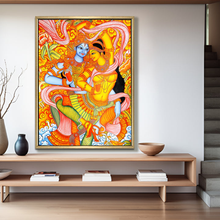 Kerala Mural Canvas Print Painting with Golden Floating Frame – Traditional Indian Wall Art for Home & Office Decor – Size: 3X4 Feet (KAMUWA08)
