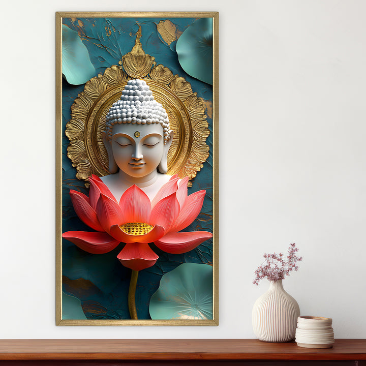 Buddha Portrait with Lotus Wall Art, HD Canvas Print, Golden Box Framed, Ready to Hang, (48 In x 24 In) (BDWA39)