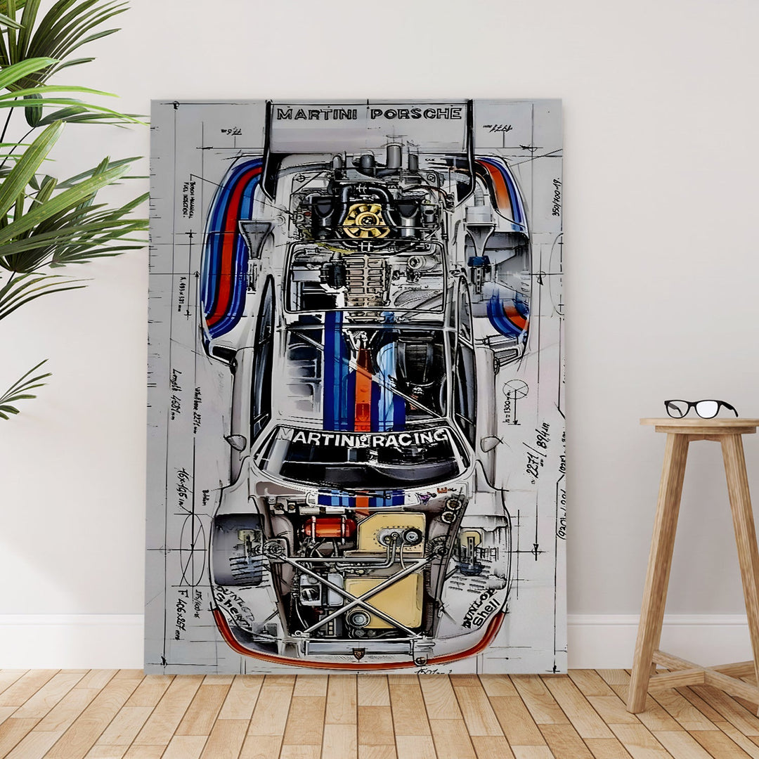 Martini Porsche Blueprint Wall Art Painting, HD Canvas Print, Framed, Ready to Hang. (POMWA229)