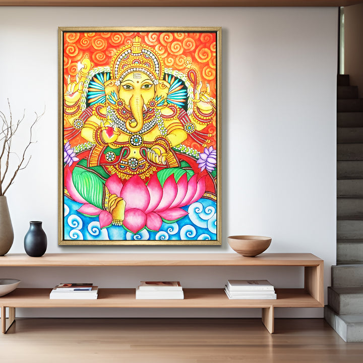 Kerala Mural Canvas Print Painting with Golden Floating Frame – Traditional Indian Wall Art for Home & Office Decor – Size: 3X4 Feet (KAMUWA06)