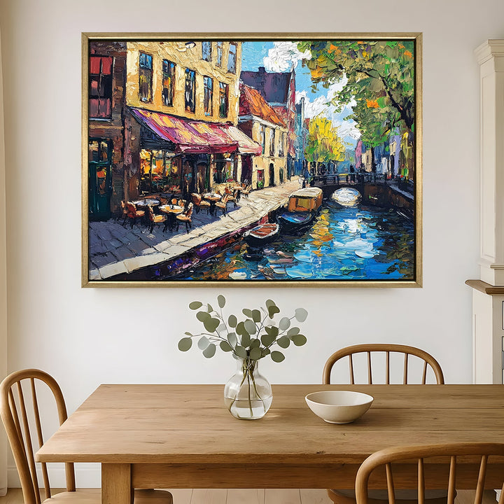 Canal-side brunch café in Amsterdam Wall Art, HD Canvas Print, Golden Floater Framed, Ready to Hang, (36 In x 48 In) (CAFE-WA-12)