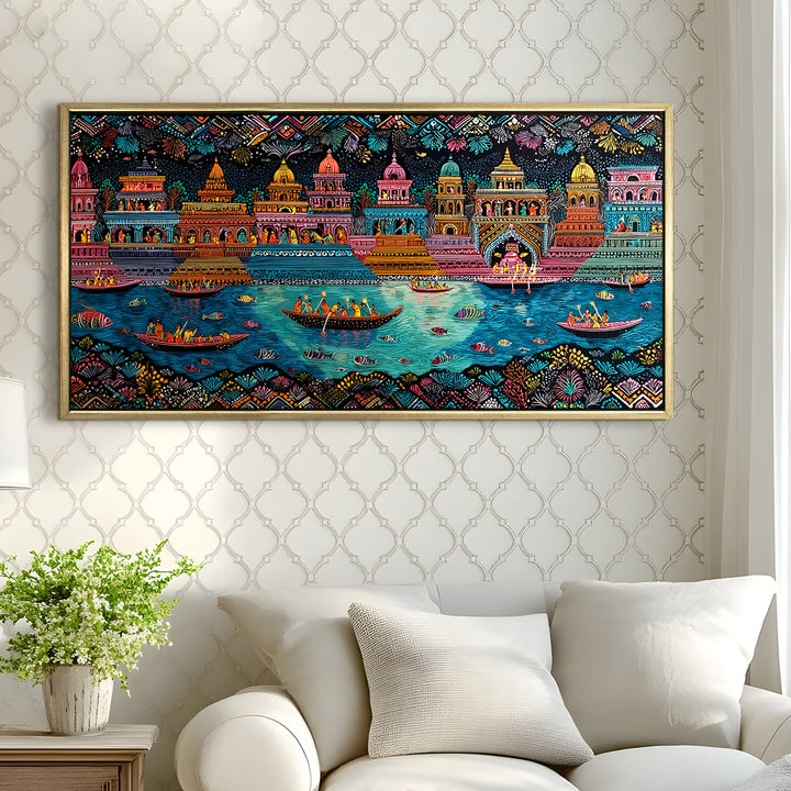 Banaras Ghats Painting Wall Art – Varanasi Riverfront with Golden Floater Frame – HD Print Large Canvas, Ready to Hang, Size: 2X4FT, (BAWA46)