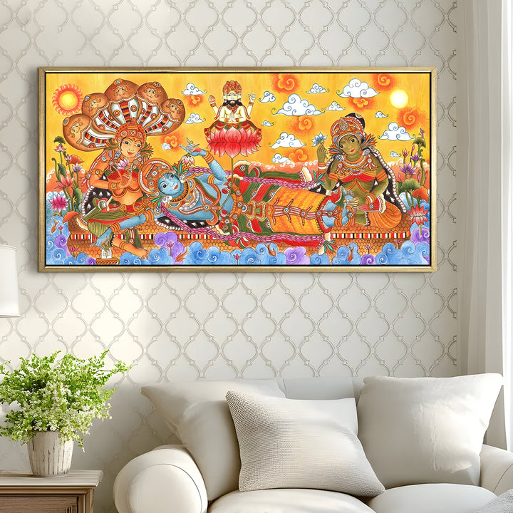 Kerala Mural Wall Art – Vishnu Ananthasayana HD Canvas Print | Painting with Lakshmi & Brahma – Spiritual Home & Temple Decor – Size: 2ft X 4ft (GOLDEN FLOATING FRAME) (KAMUWA04)