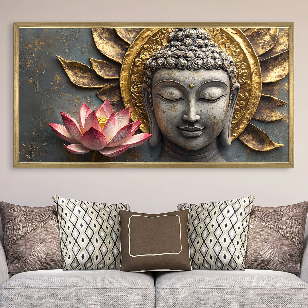 Buddha with Red Lotus Wall Art, HD Canvas Print, Golden Box Framed, Ready to Hang, (24 In x 48 In) (BDWA31)