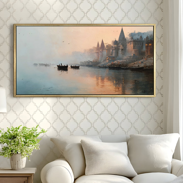 Banaras Ghats Painting Wall Art – Varanasi Riverfront with Golden Floater Frame – HD Print Large Canvas, Ready to Hang, Size: 2X4FT, (BAWA37)