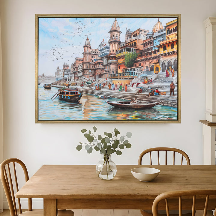 Banaras Ghats Painting Wall Art – Varanasi Riverfront with Golden Floater Frame – HD Print Large Canvas, Ready to Hang, Size: 3X4FT, (BAWA07)