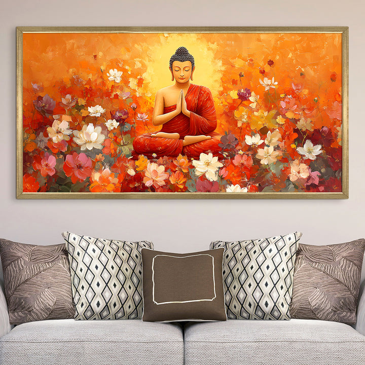 Meditating Buddha in Floral Bliss Wall Art, HD Canvas Print, Golden Box Framed, Ready to Hang, (24 In x 48 In) (BDWA32)