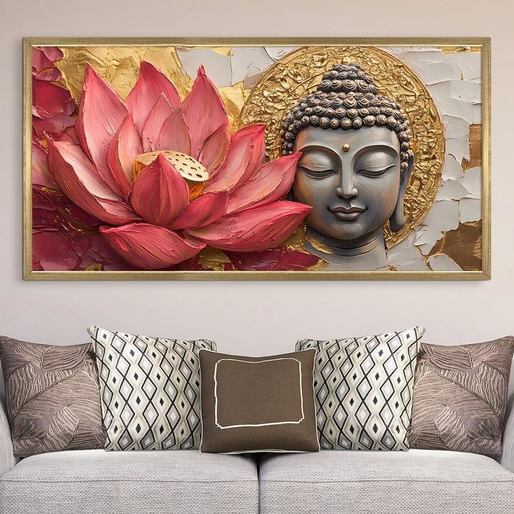 Buddha with Red Lotus Wall Art, HD Canvas Print, Golden Box Framed, Ready to Hang, (24 In x 48 In) (BDWA30)