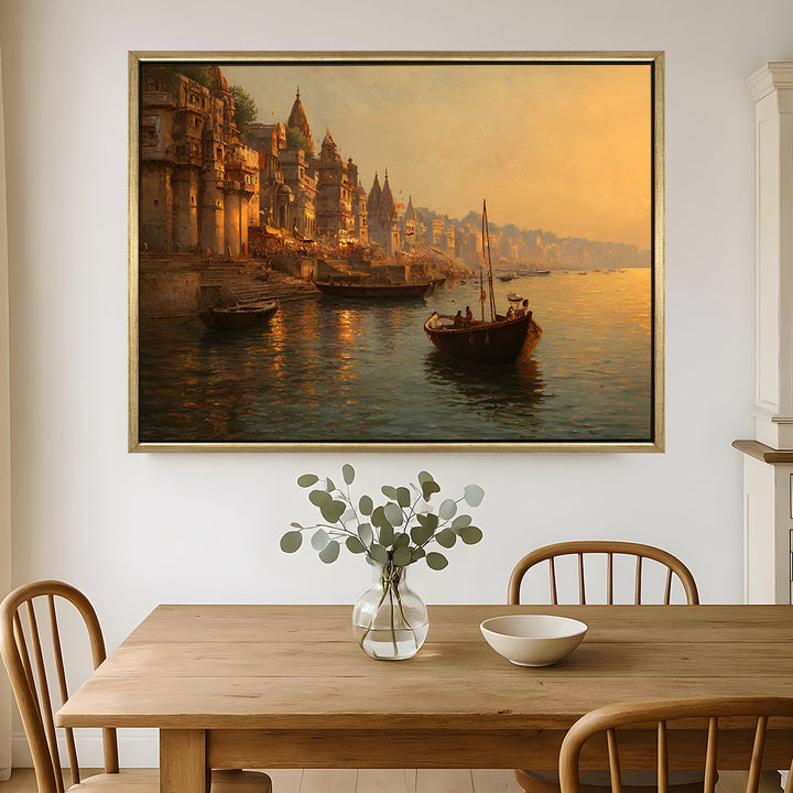 Banaras Ghats Painting Wall Art – Varanasi Riverfront with Golden Floater Frame – HD Print Large Canvas, Ready to Hang, Size: 3X4FT, (BAWA04)
