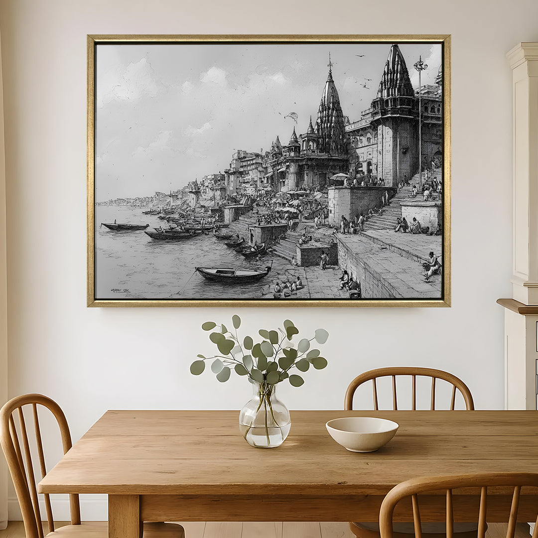 Banaras Ghats Painting Wall Art – Varanasi Riverfront with Golden Floater Frame – HD Print Large Canvas, Ready to Hang, Size: 3X4FT, (BAWA12)