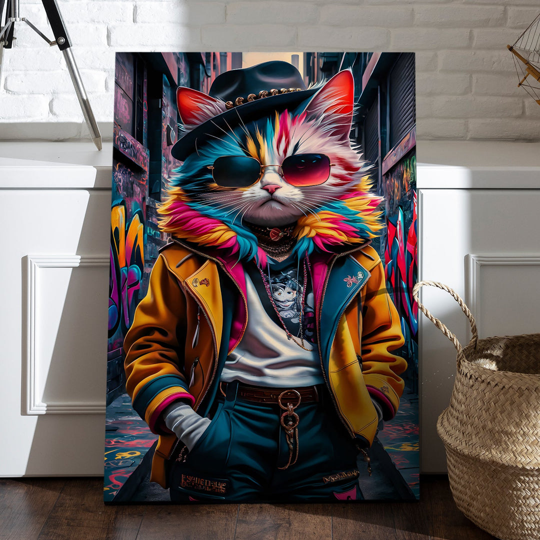 Hip Hop Catitude Wall Art Painting, HD Canvas Print, Framed, Ready to Hang. (POMWA175)