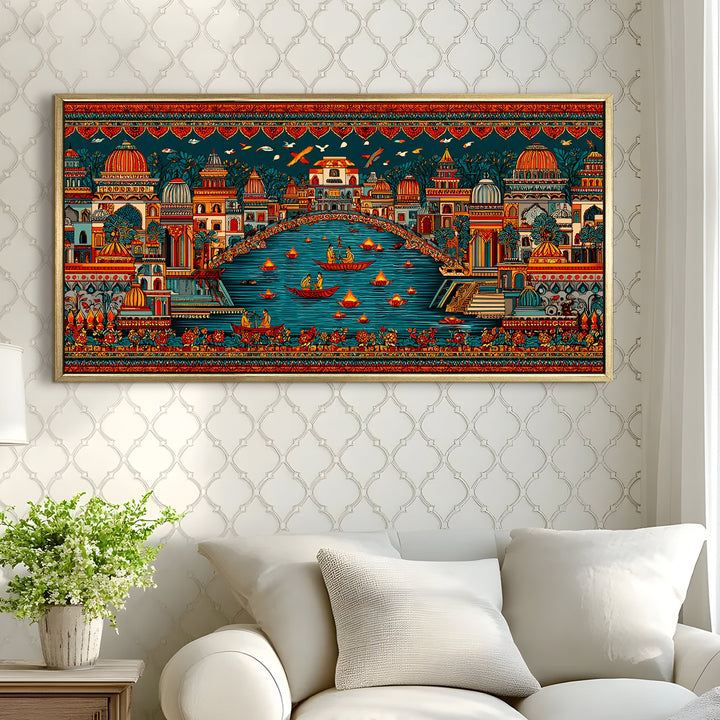 Banaras Ghats Painting Wall Art – Varanasi Riverfront with Golden Floater Frame – HD Print Large Canvas, Ready to Hang, Size: 2X4FT, (BAWA45)