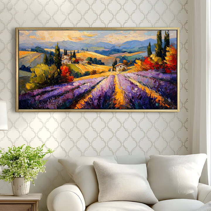 Tuscan Lavender Fields Wall Art, HD Canvas Print, Golden Floater Framed, Ready to Hang, (24 In x 48 In). (EURP-WA-09)