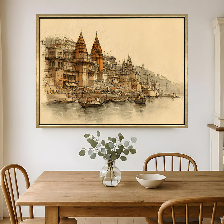 Banaras Ghats Painting Wall Art – Varanasi Riverfront with Golden Floater Frame – HD Print Large Canvas, Ready to Hang, Size: 3X4FT, (BAWA14)