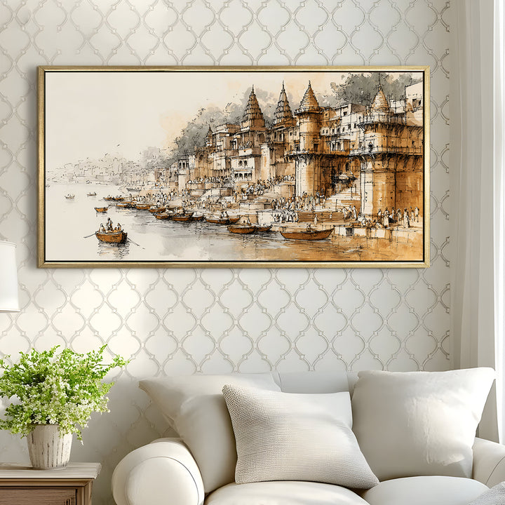 Banaras Ghats Painting Wall Art – Varanasi Riverfront with Golden Floater Frame – HD Print Large Canvas, Ready to Hang, Size: 2X4FT, (BAWA42)