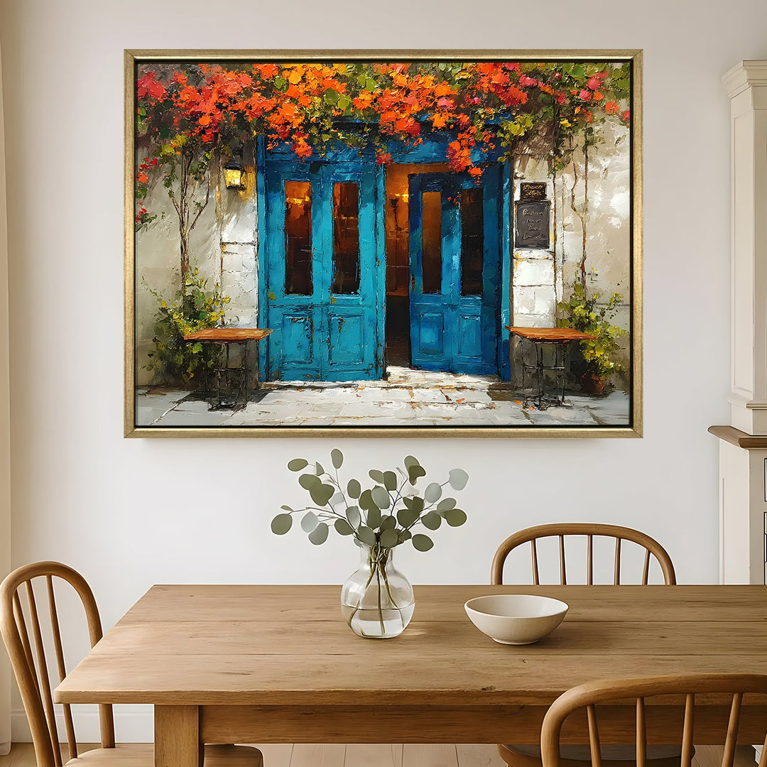 Rustic Greek café with blue doors and hanging vines Wall Art, HD Canvas Print, Golden Floater Framed, Ready to Hang, (36 In x 48 In) (CAFE-WA-15)