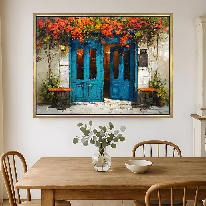 Rustic Greek café with blue doors and hanging vines Wall Art, HD Canvas Print, Golden Floater Framed, Ready to Hang, (36 In x 48 In) (CAFE-WA-15)