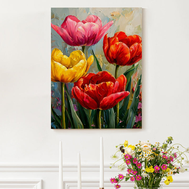 Vibrant Tulip Symphony Wall Art Painting, HD Canvas Print, Framed, Ready to Hang. (FLWA71)
