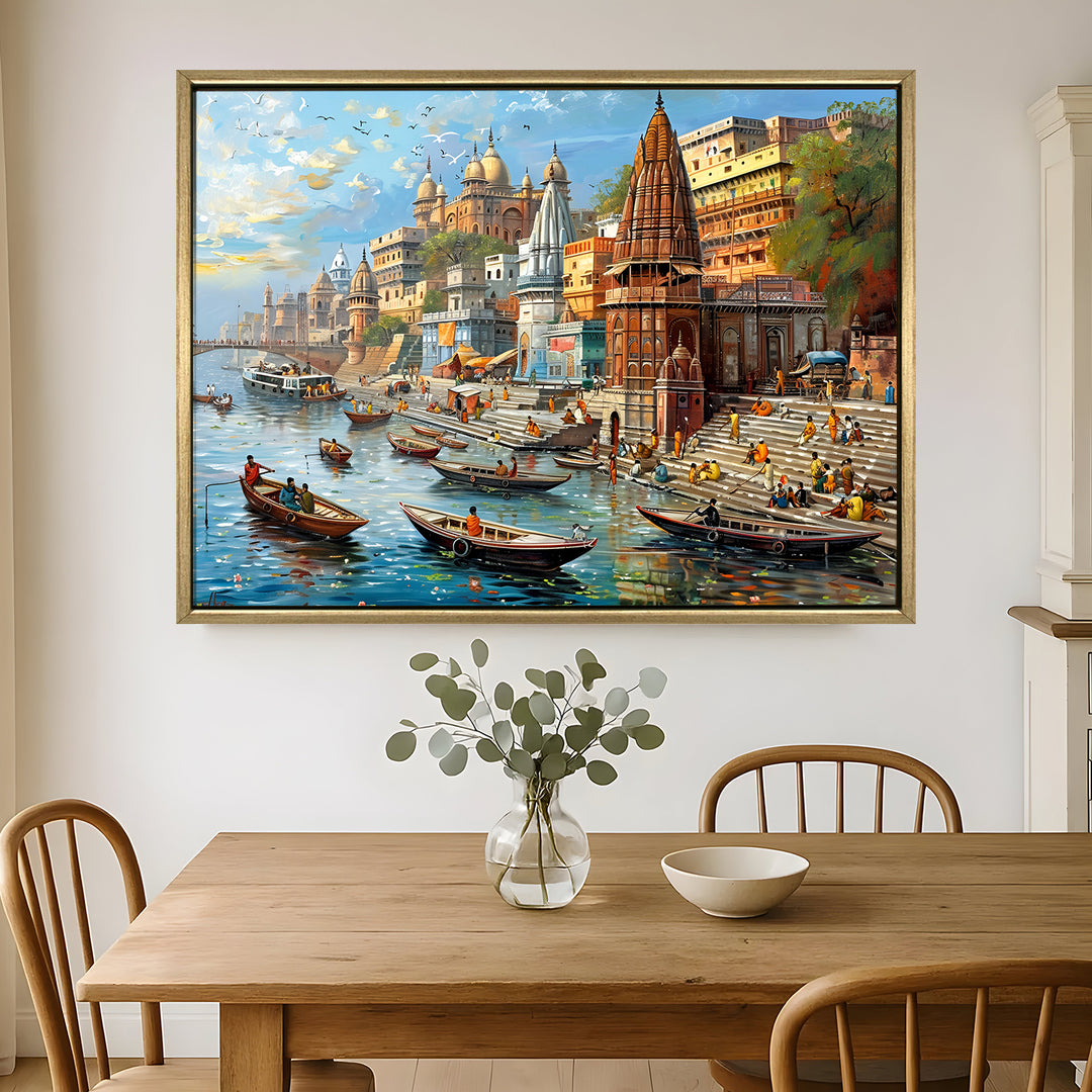 Banaras Ghats Painting Wall Art – Varanasi Riverfront with Golden Floater Frame – HD Print Large Canvas, Ready to Hang, Size: 3X4FT, (BAWA13)