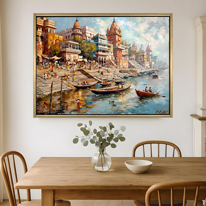 Banaras Ghats Painting Wall Art – Varanasi Riverfront with Golden Floater Frame – HD Print Large Canvas, Ready to Hang, Size: 3X4FT, (BAWA06)
