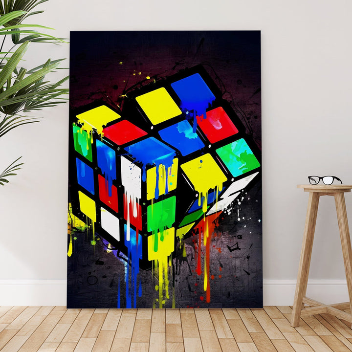 Rubik’s Cube Pop - Dripping Colors Graffiti Style Wall Art, HD Canvas Print, Framed, Ready to Hang. (POMWA346)