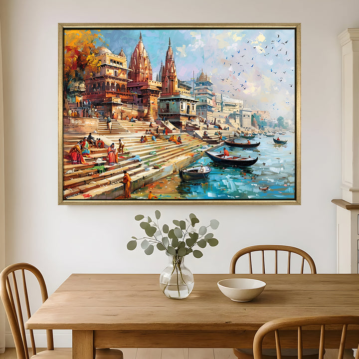 Banaras Ghats Painting Wall Art – Varanasi Riverfront with Golden Floater Frame – HD Print Large Canvas, Ready to Hang, Size: 3X4FT, (BAWA01).