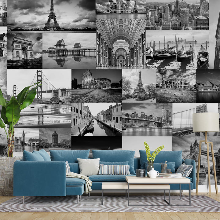 Global Icons – Monochrome Cityscape Wall Mural (PATCH004)