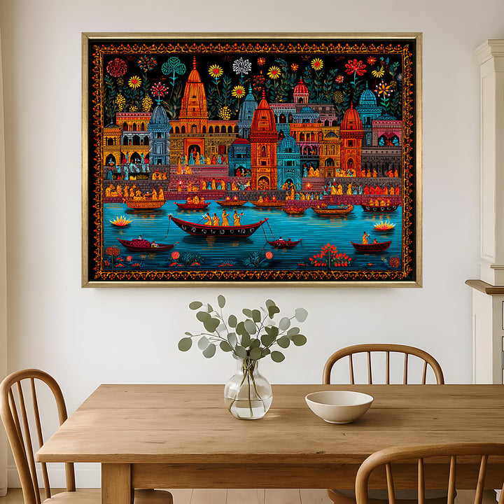 Banaras Ghats Painting Wall Art – Varanasi Riverfront with Golden Floater Frame – HD Print Large Canvas, Ready to Hang, Size: 3X4FT, (BAWA23)