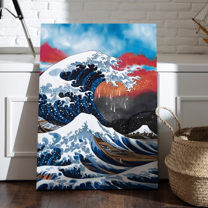 The Crimson Wave Wall Art Painting, HD Canvas Print, Framed, Ready to Hang. (POMWA172)