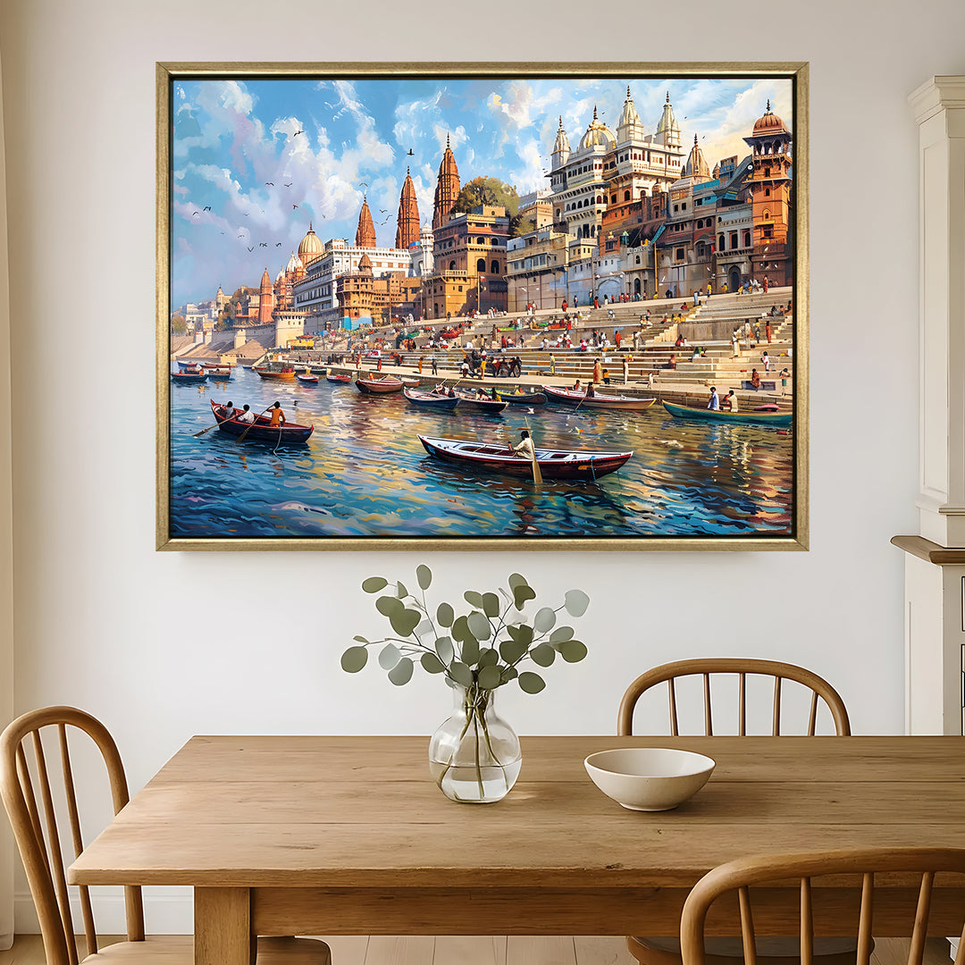 Banaras Ghats Painting Wall Art – Varanasi Riverfront with Golden Floater Frame – HD Print Large Canvas, Ready to Hang, Size: 3X4FT, (BAWA19)