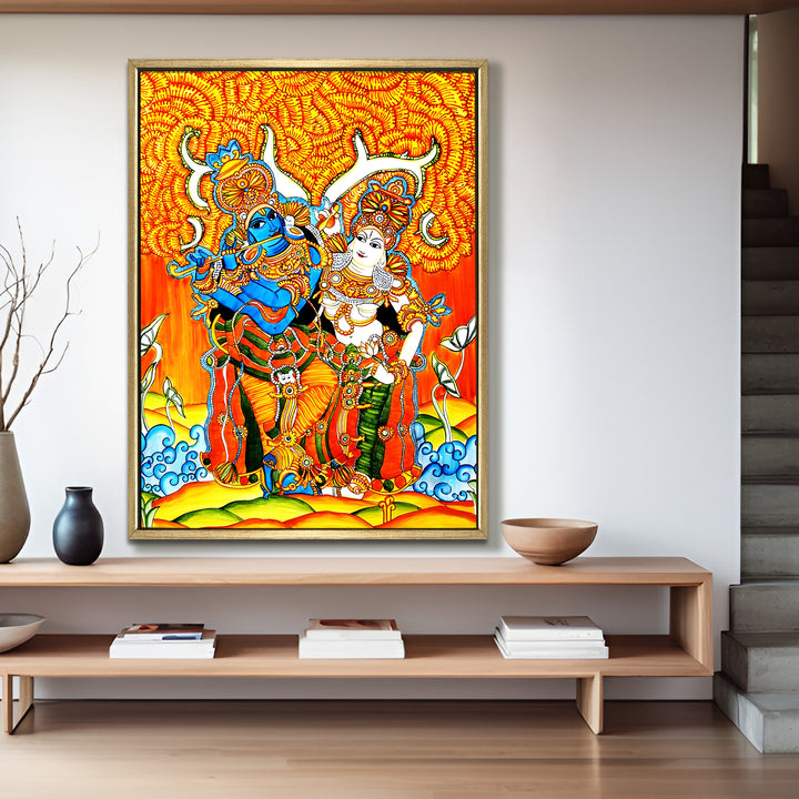 Kerala Mural Canvas Print Painting with Golden Floating Frame – Traditional Indian Wall Art for Home & Office Decor – Size: 3X4 Feet (KAMUWA07)
