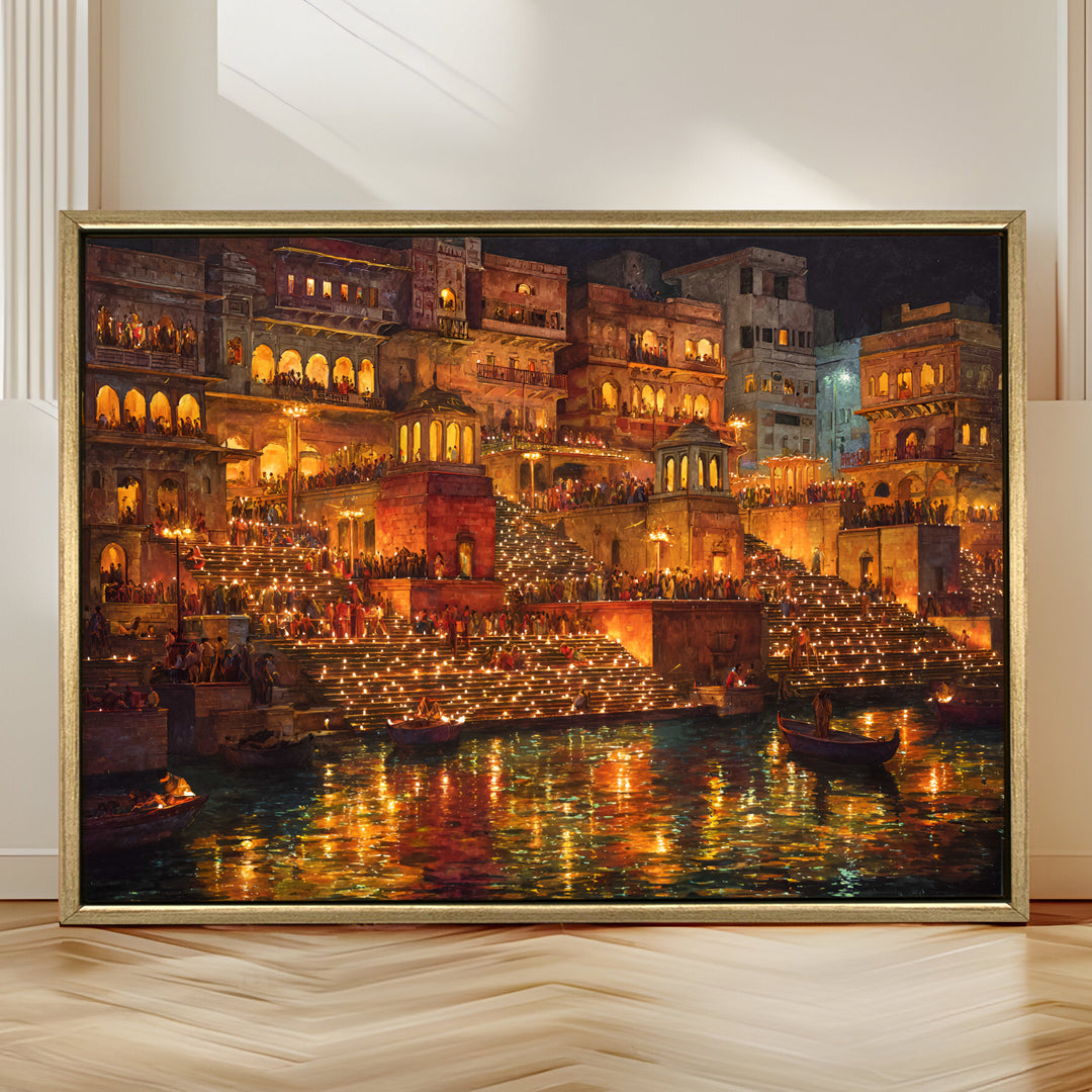 Banaras Ghats Painting Wall Art – Varanasi Riverfront with Golden Floater Frame – HD Print Large Canvas, Ready to Hang, Size: 3X4FT, (BAWA18)