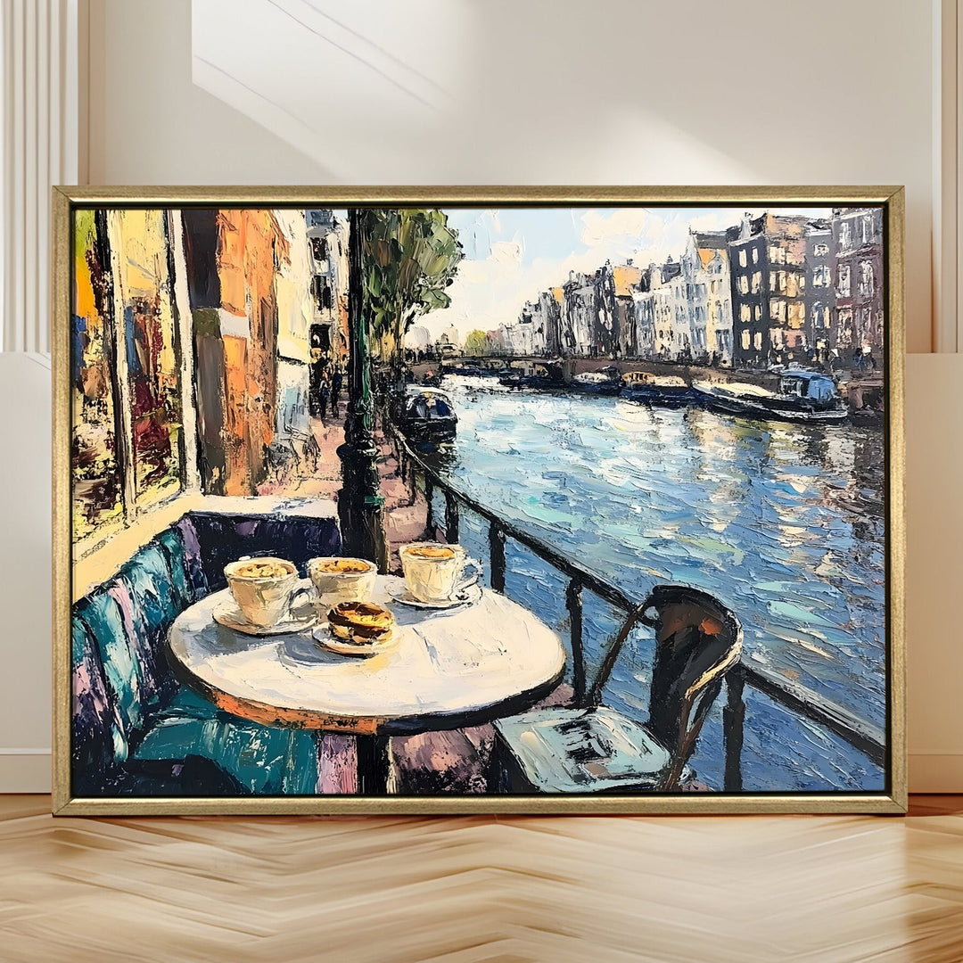 Canal-side brunch café in Amsterdam Wall Art, HD Canvas Print, Golden Floater Framed, Ready to Hang, (36 In x 48 In) (CAFE-WA-10)