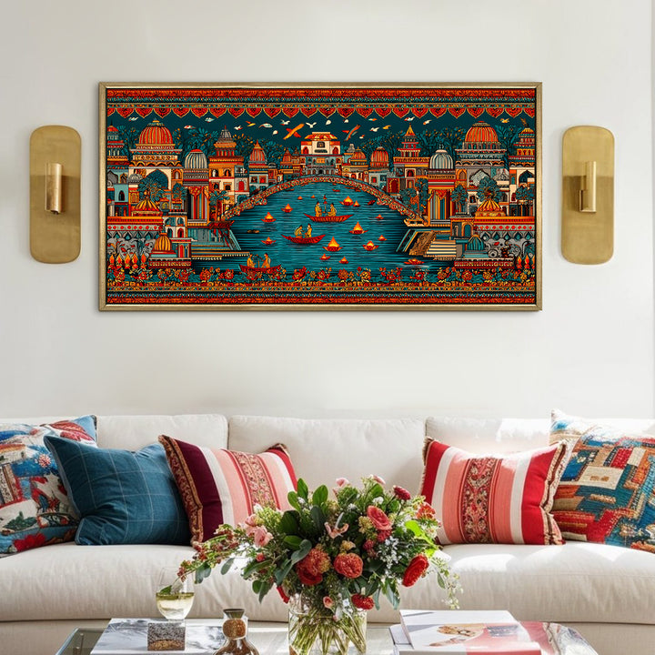 Banaras Ghats Painting Wall Art – Varanasi Riverfront with Golden Floater Frame – HD Print Large Canvas, Ready to Hang, Size: 2X4FT, (BAWA45)
