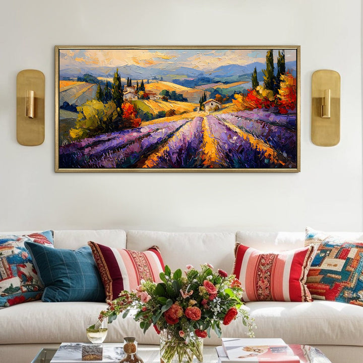 Tuscan Lavender Fields Wall Art, HD Canvas Print, Golden Floater Framed, Ready to Hang, (24 In x 48 In). (EURP-WA-09)