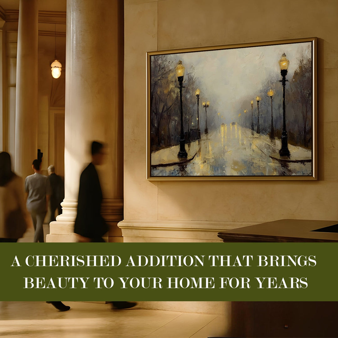 Foggy morning street with vintage lamp posts Wall Art, HD Canvas Print, Golden Floater Framed, Ready to Hang, (36 In x 48 In) (CITY-WA-08)