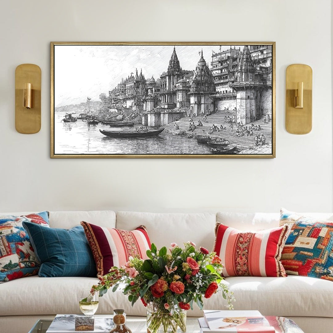 Banaras Ghats Painting Wall Art – Varanasi Riverfront with Golden Floater Frame – HD Print Large Canvas, Ready to Hang, Size: 2X4FT, (BAWA39)