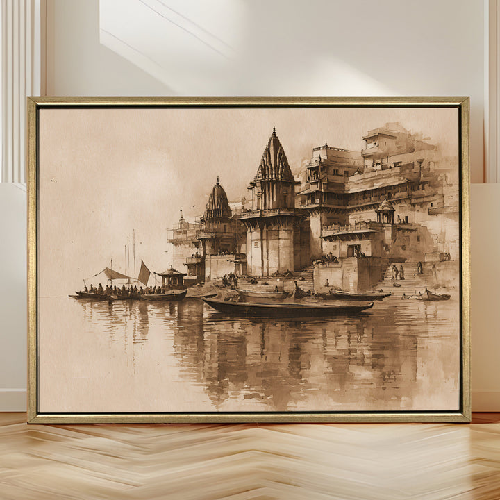 Banaras Ghats Painting Wall Art – Varanasi Riverfront with Golden Floater Frame – HD Print Large Canvas, Ready to Hang, Size: 3X4FT, (BAWA08)
