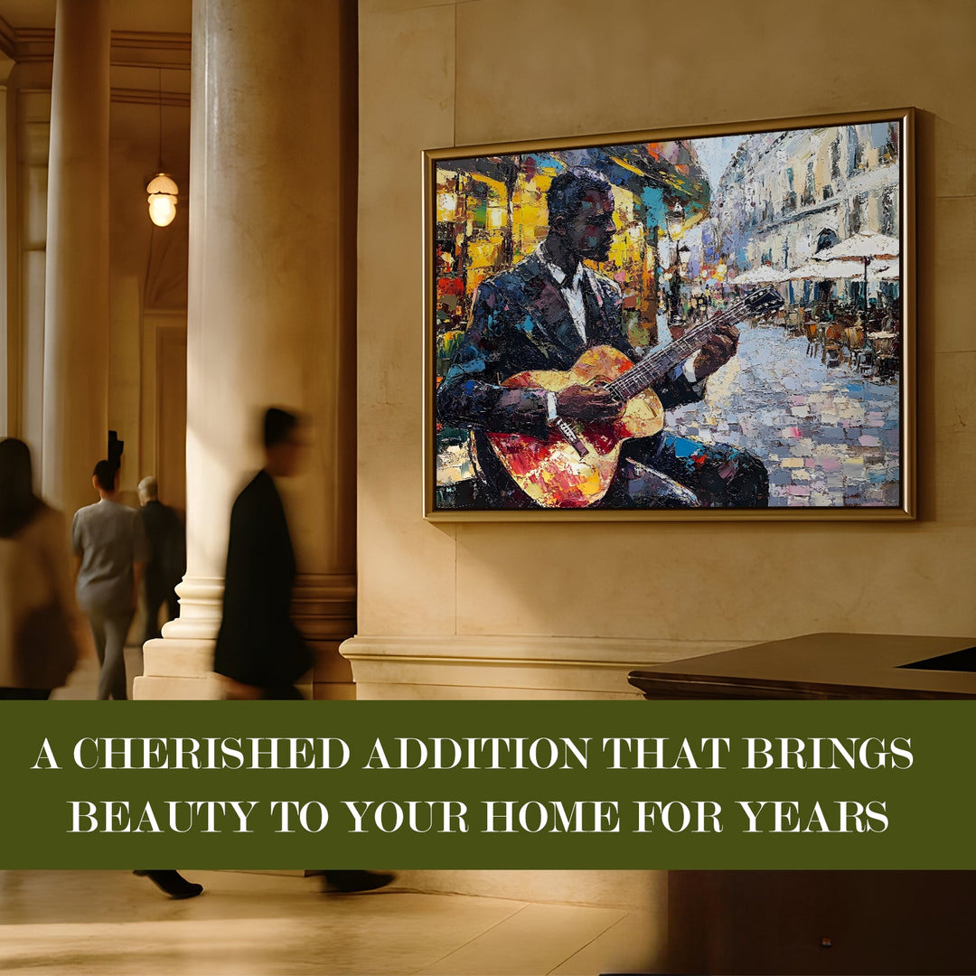Guitarist performing in a cobbled plaza Wall Art, HD Canvas Print, Golden Floater Framed, Ready to Hang, (36 In x 48 In) (CITY-WA-05)