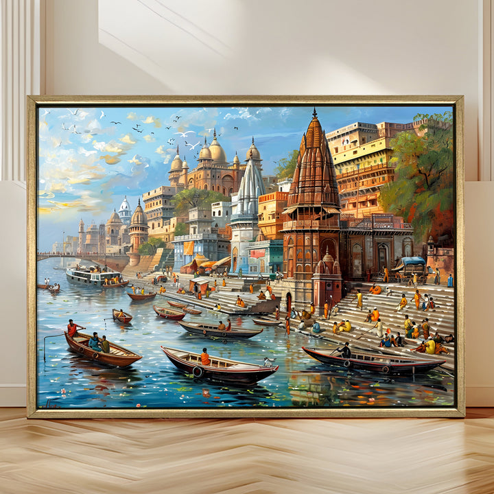 Banaras Ghats Painting Wall Art – Varanasi Riverfront with Golden Floater Frame – HD Print Large Canvas, Ready to Hang, Size: 3X4FT, (BAWA13)