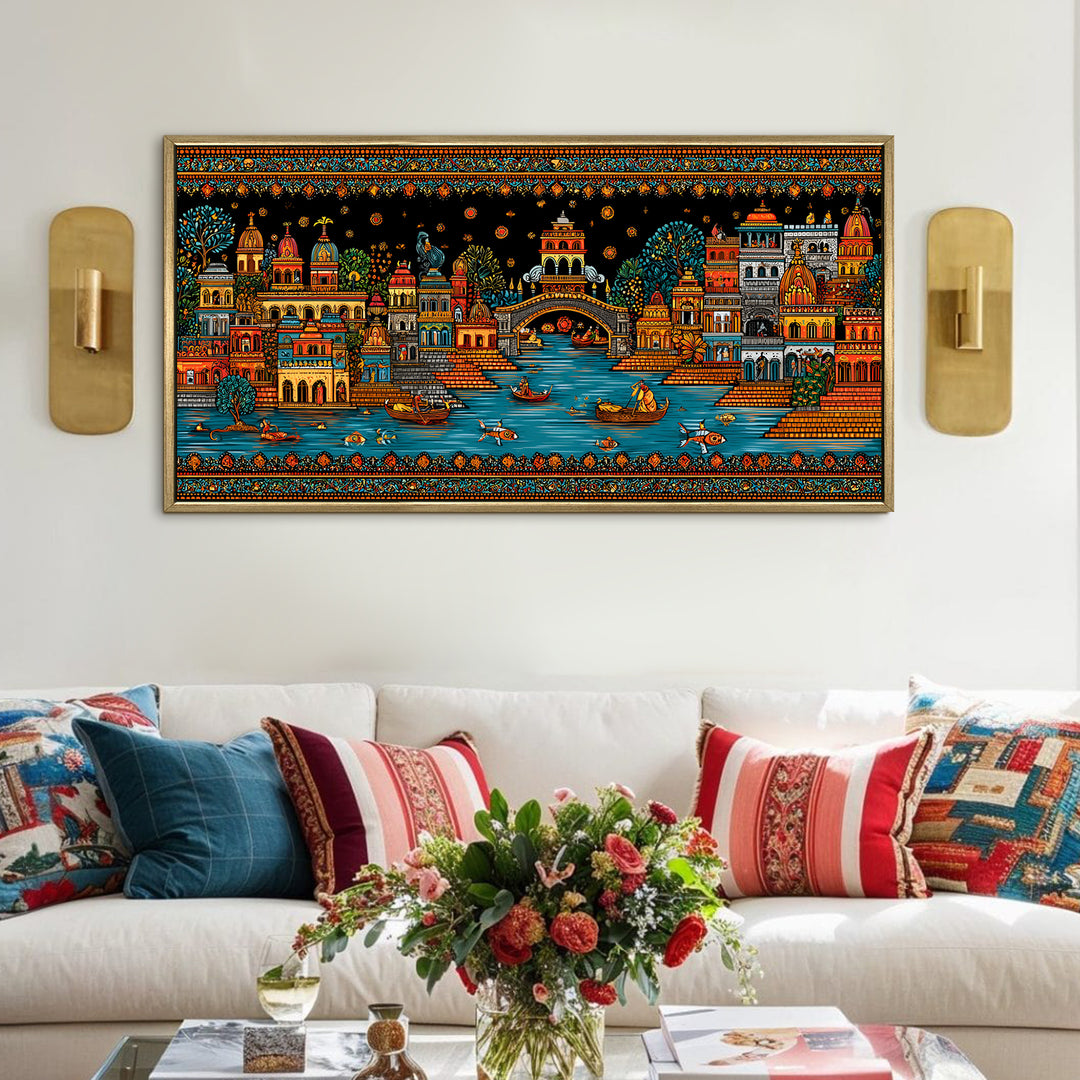 Banaras Ghats Painting Wall Art – Varanasi Riverfront with Golden Floater Frame – HD Print Large Canvas, Ready to Hang, Size: 2X4FT, (BAWA44)