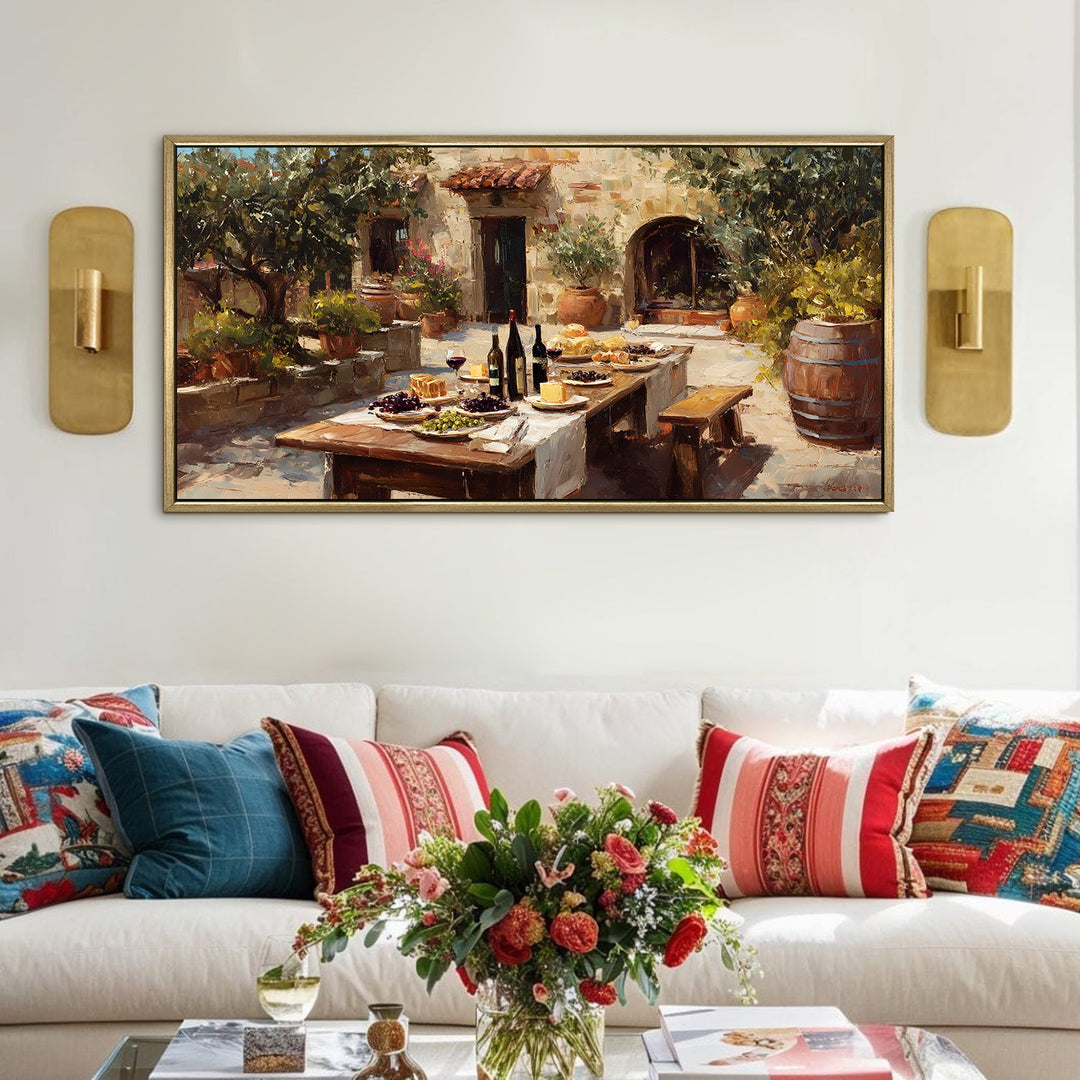 Vintage European Dining Wall Art, HD Canvas Print, Golden Floater Framed, Ready to Hang, (24 In x 48 In). (EURP-WA-03)