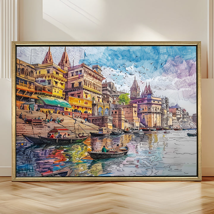 Banaras Ghats Painting Wall Art – Varanasi Riverfront with Golden Floater Frame – HD Print Large Canvas, Ready to Hang, Size: 3X4FT, (BAWA02).