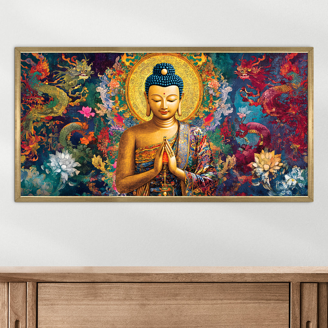 Divine Buddha with Prayer Pose Wall Art, HD Canvas Print, Golden Box Framed, Ready to Hang, (24 In x 48 In) (BDWA29)