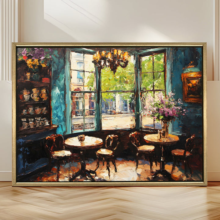 Elegant London tea shop with Victorian windows Wall Art, HD Canvas Print, Golden Floater Framed, Ready to Hang, (36 In x 48 In) (CAFE-WA-16)