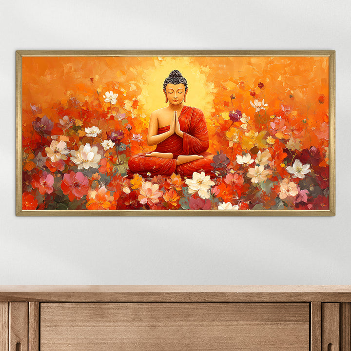 Meditating Buddha in Floral Bliss Wall Art, HD Canvas Print, Golden Box Framed, Ready to Hang, (24 In x 48 In) (BDWA32)