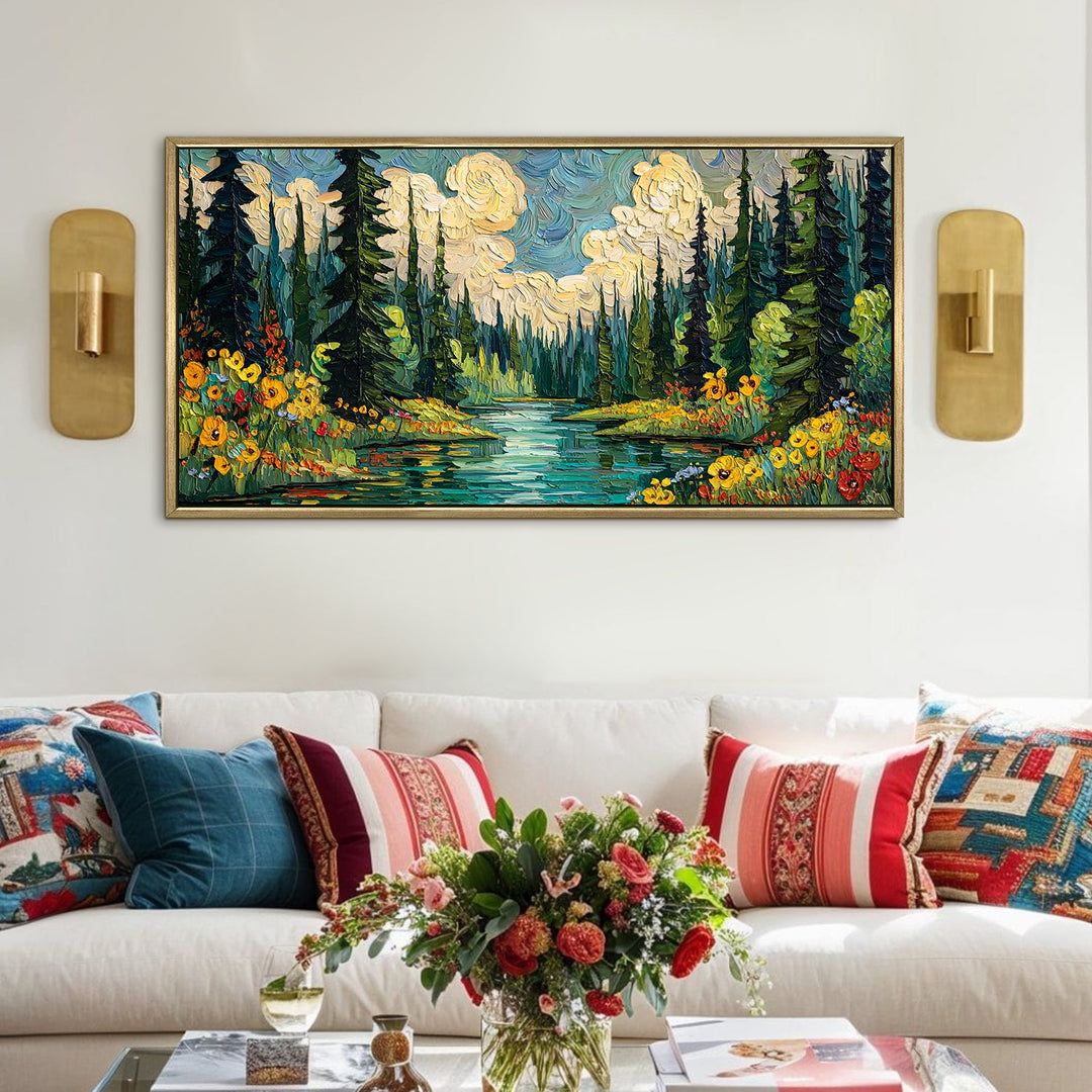 Vibrant Forest Scene with Sparkling River Wall Art, HD Canvas Print, Golden Floater Framed, Ready to Hang, (24 In x 48 In) (VNG-WA-02)